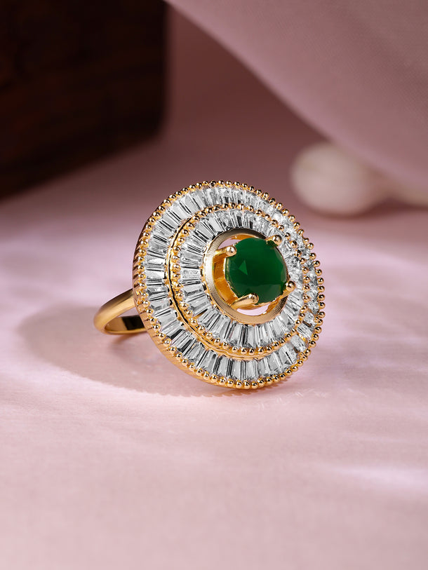 Emerald American Diamond Zirconia Studded Gold Ring