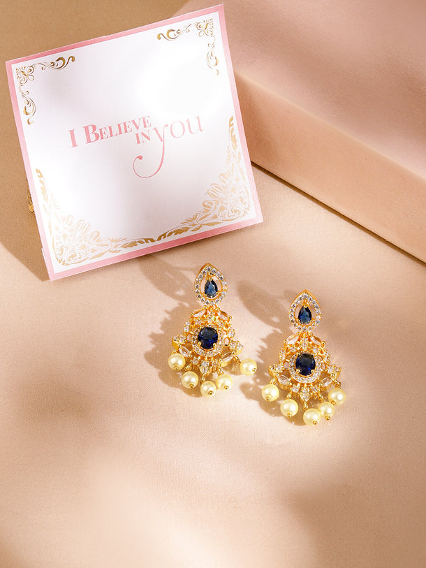 Rubans Finely Handcrafted Gold Plated CZ and Faux Colorstone Studded Drop Earrings