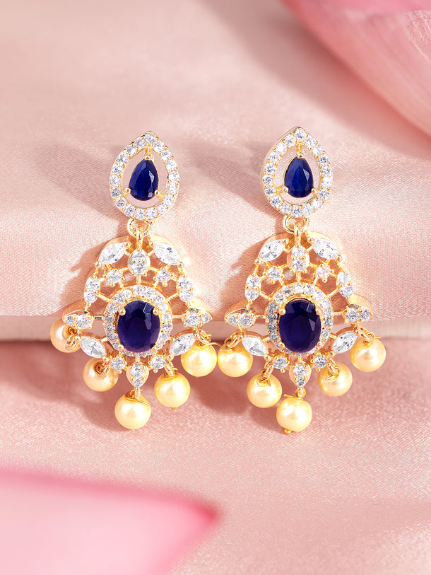 Rubans Finely Handcrafted Gold Plated CZ and Faux Colorstone Studded Drop Earrings
