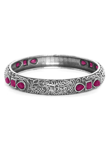 Rubans Oxidised Silver Plated Handcrafted Pink Stone Filigree Bangle