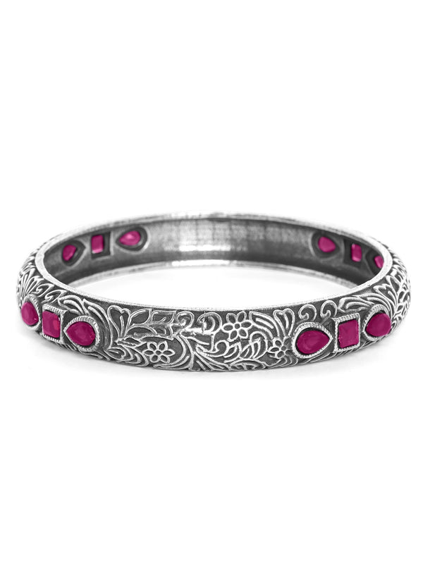 Rubans Oxidised Silver Plated Handcrafted Pink Stone Filigree Bangle