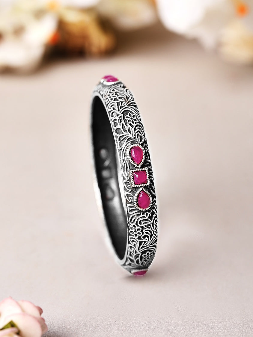 Rubans Oxidised Silver Plated Handcrafted Pink Stone Filigree Bangle