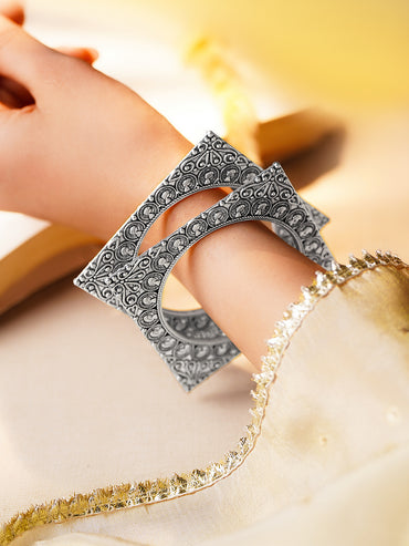Oxidised Engraved Square Carved Statement Bangles