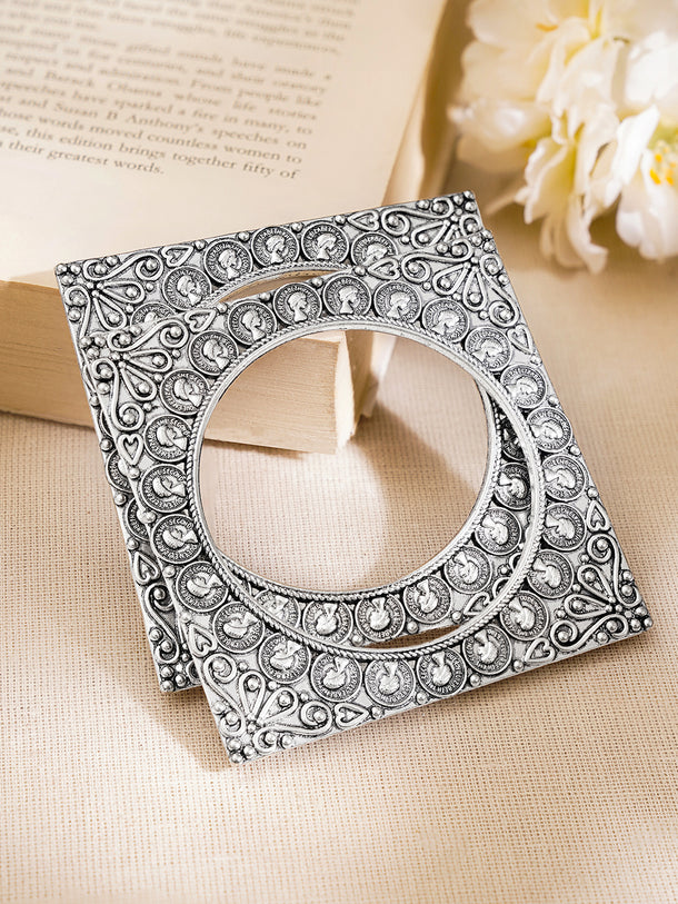 Oxidised Engraved Square Carved Statement Bangles