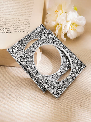 Oxidised Engraved Square Carved Statement Bangles