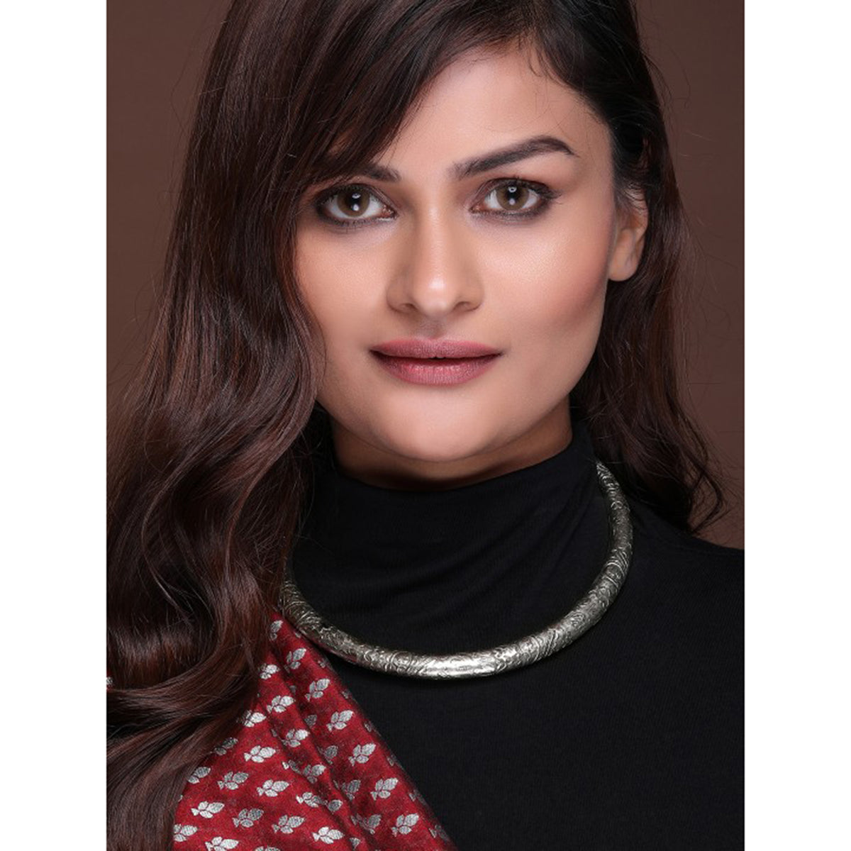 Rubans Oxidized Silver Plated Floral and Geometric Design Statement Choker Necklace