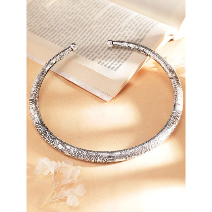 Rubans Oxidized Silver Plated Floral and Geometric Design Statement Choker Necklace
