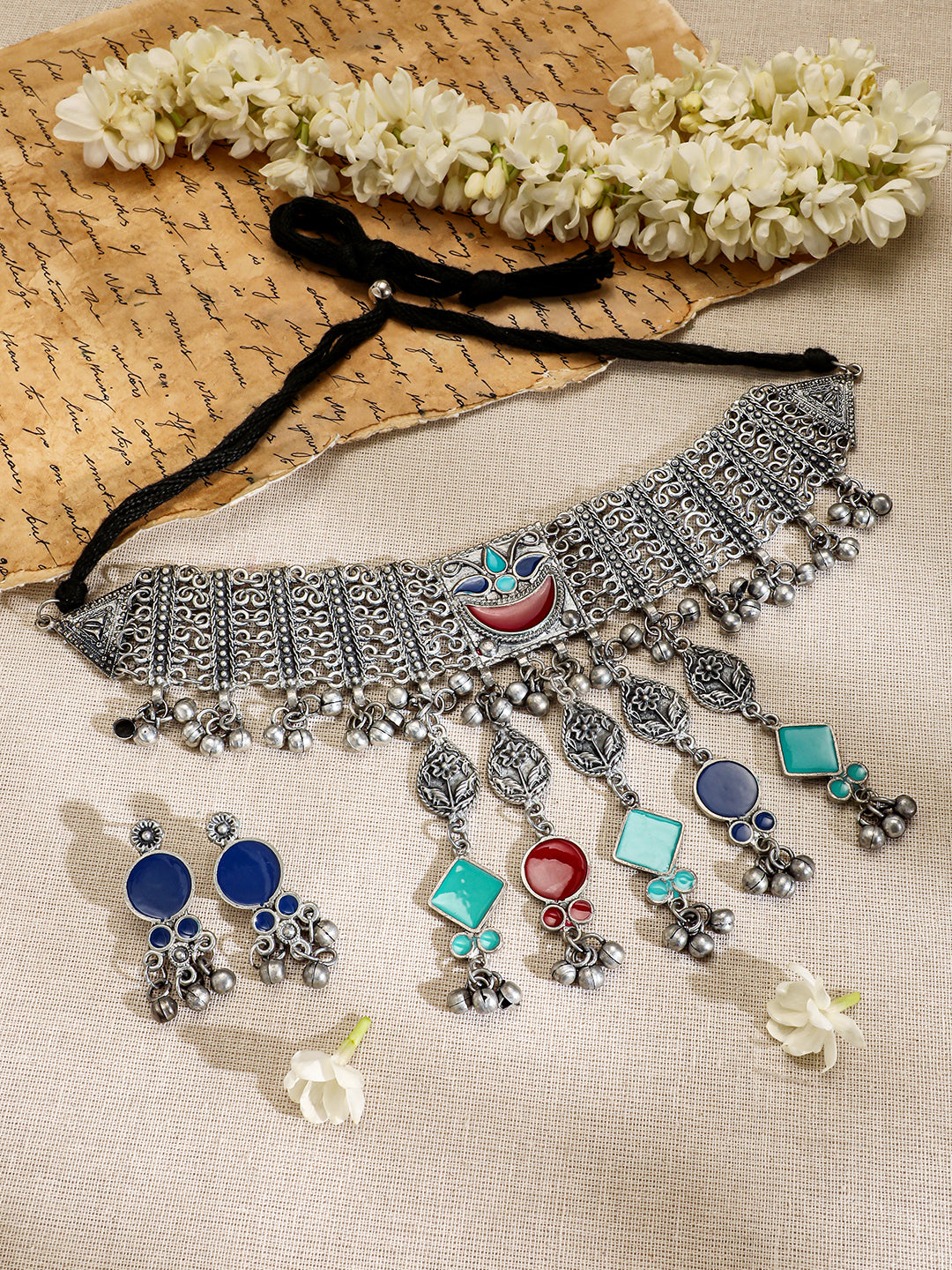 Rubans Oxidised Silver-Plated Choker Necklace Set with Vibrant Blue, Red & Turquoise Accents