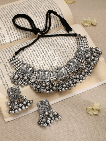Oxidized Silver Bead Work Necklace Set