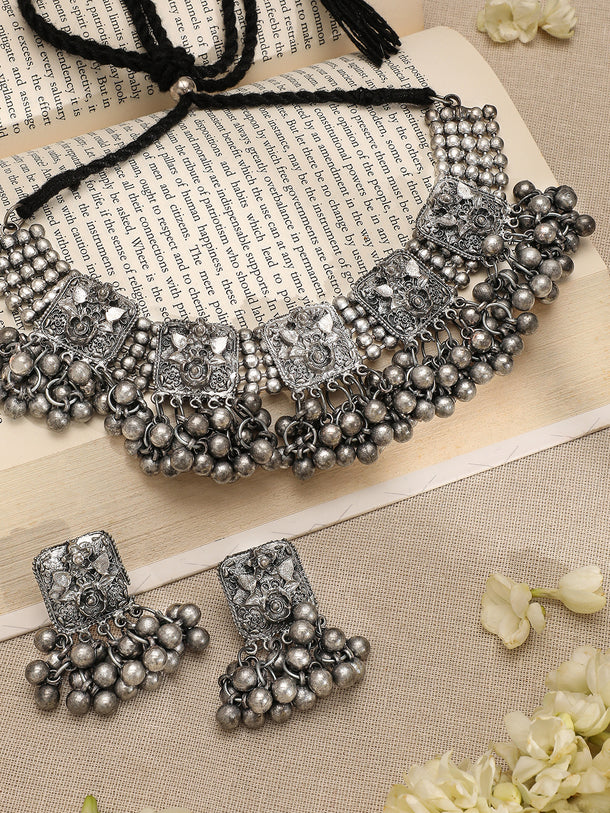 Oxidized Silver Bead Work Necklace Set