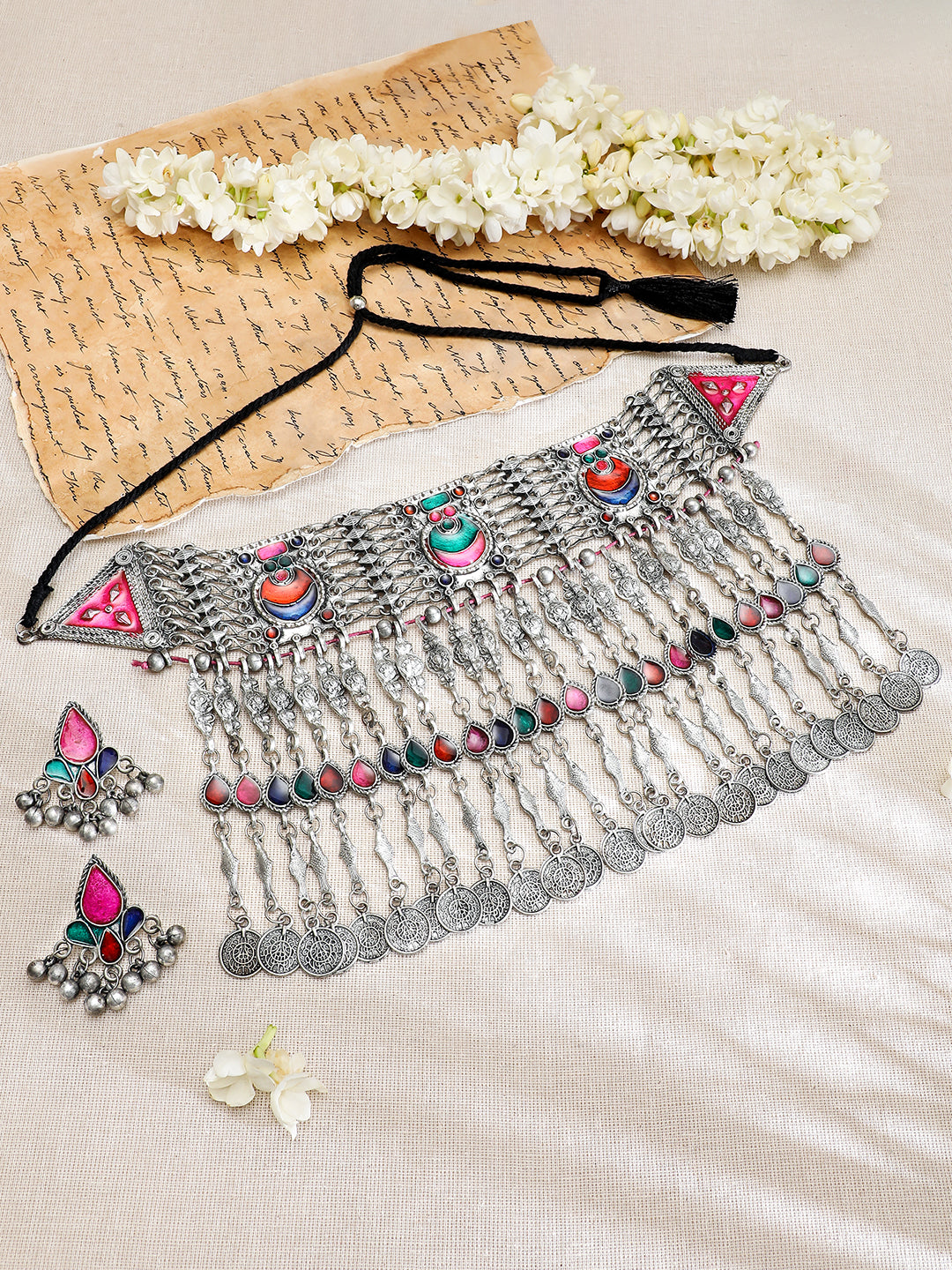 Rubans Silver Oxidised Necklace Set With Multicolour Enamel