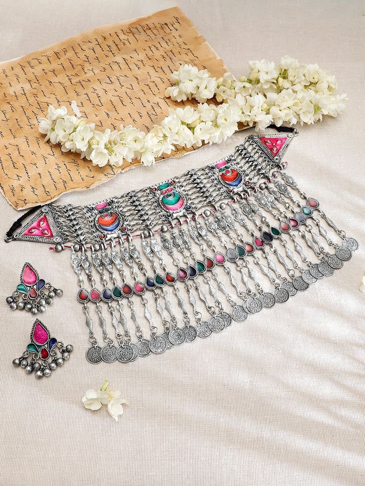 Rubans Silver Oxidised Necklace Set With Multicolour Enamel