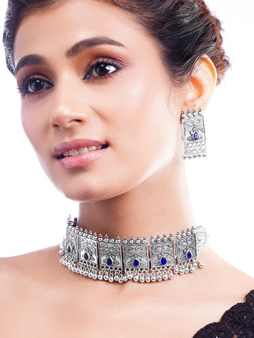 Oxidised Blue Crystal Tribal Choker Necklace Set