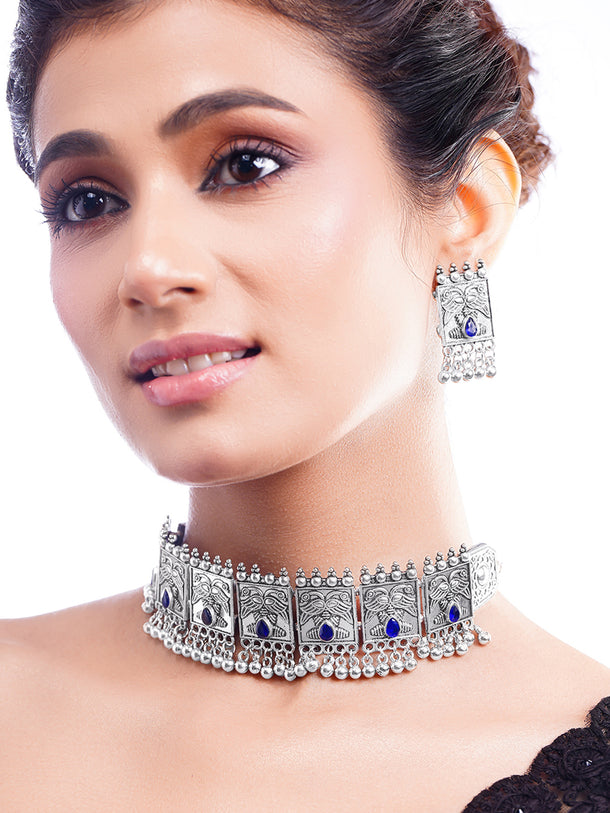 Oxidised Blue Crystal Tribal Choker Necklace Set