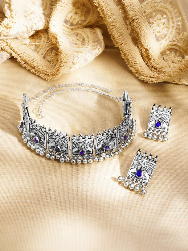 Oxidised Blue Crystal Tribal Choker Necklace Set