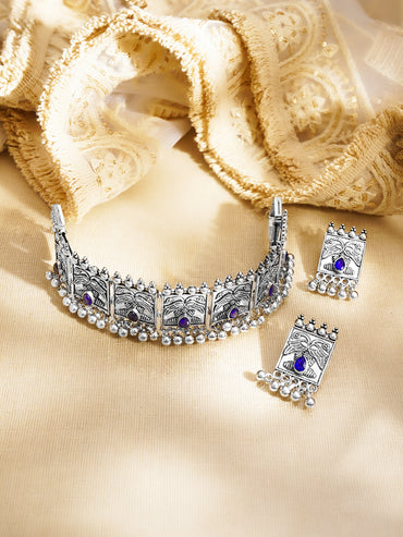 Oxidised Blue Crystal Tribal Choker Necklace Set