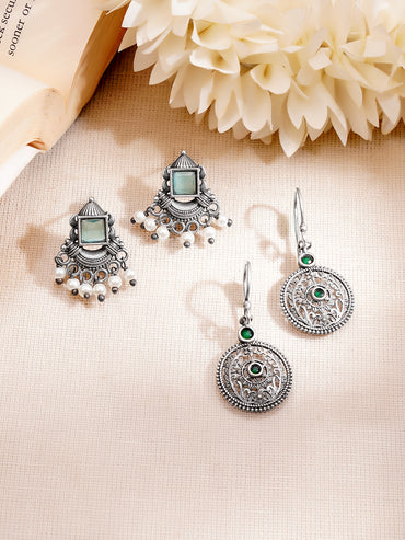 Oxidised Floral Design Emerald Pearl Drop Earrings Combo Set