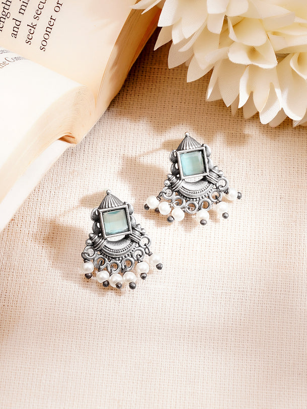 Oxidised Floral Design Emerald Pearl Drop Earrings Combo Set