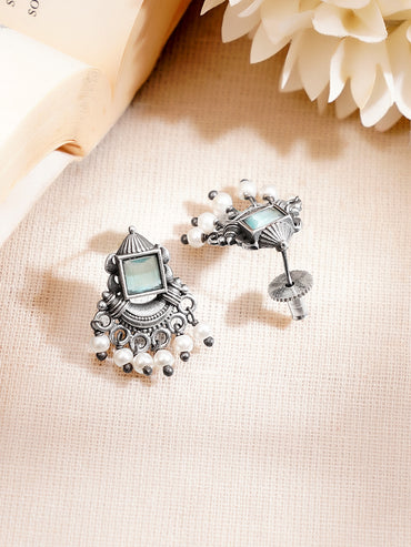 Oxidised Floral Design Emerald Pearl Drop Earrings Combo Set