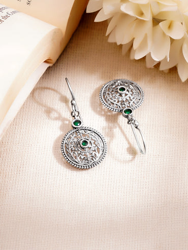 Oxidised Floral Design Emerald Pearl Drop Earrings Combo Set