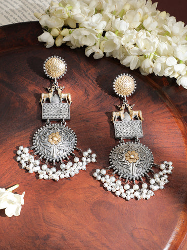 Deer Motif Oxidised Pearl Drop Dangler Earrings
