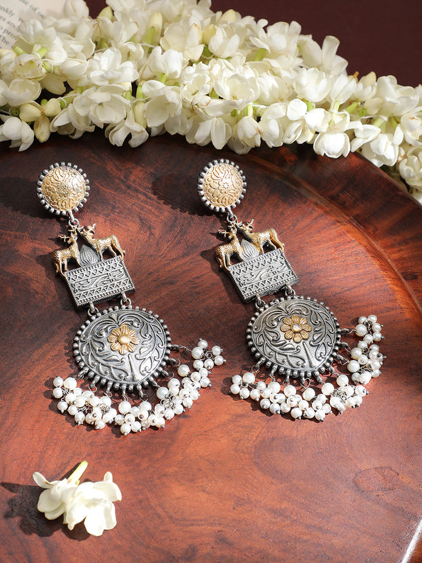 Deer Motif Oxidised Pearl Drop Dangler Earrings
