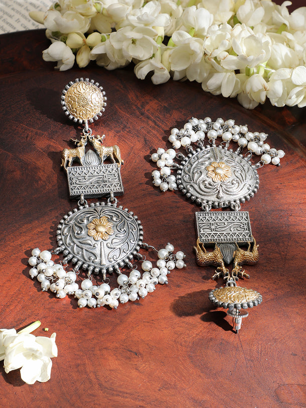 Deer Motif Oxidised Pearl Drop Dangler Earrings