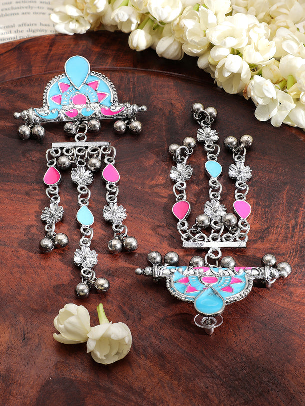 Pink-Blue Festive Cascading Dangle Earrings