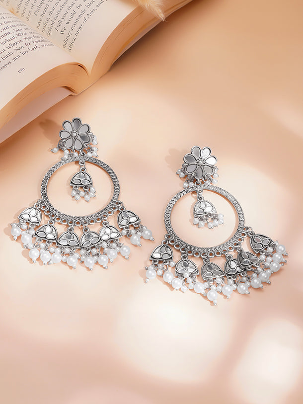 Floral Pearl Oxidised Long Dangler Earrings