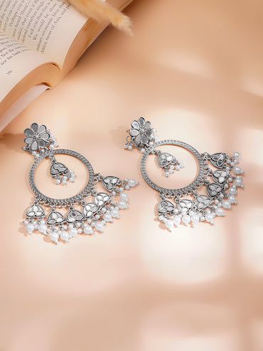 Floral Pearl Oxidised Long Dangler Earrings