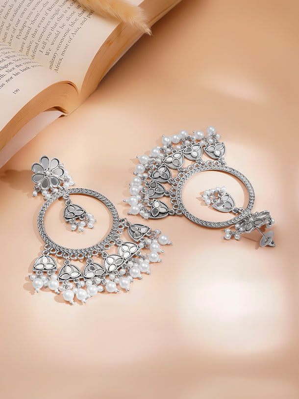 Floral Pearl Oxidised Long Dangler Earrings