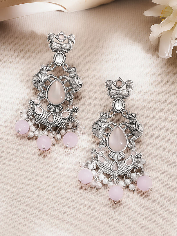 Oxidised Silver Tone Brass Pink Bead Pearl Elephant Motif Chandelier