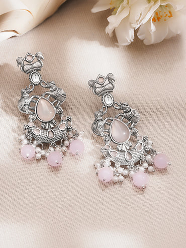 Oxidised Silver Tone Brass Pink Bead Pearl Elephant Motif Chandelier