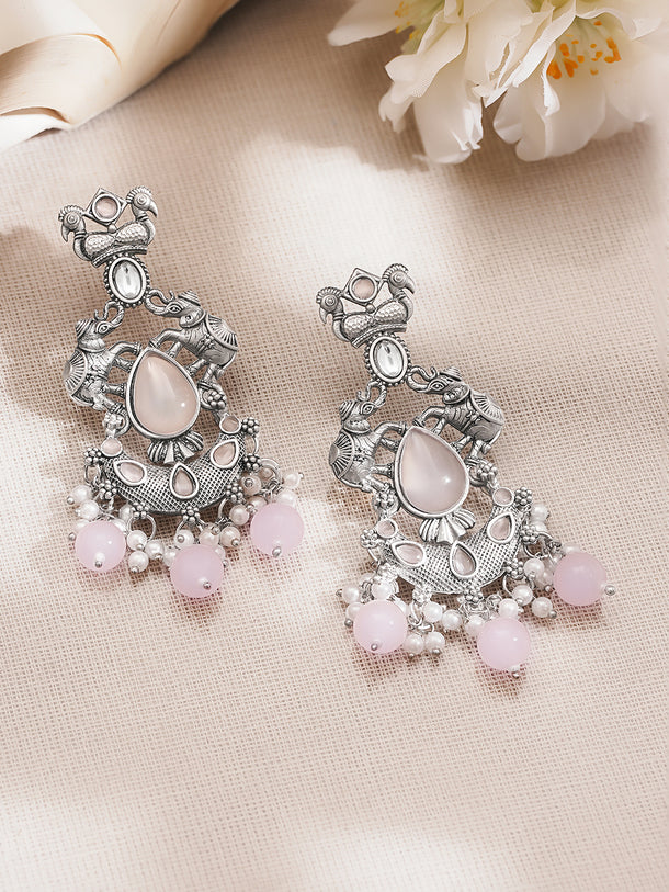 Oxidised Silver Tone Brass Pink Bead Pearl Elephant Motif Chandelier