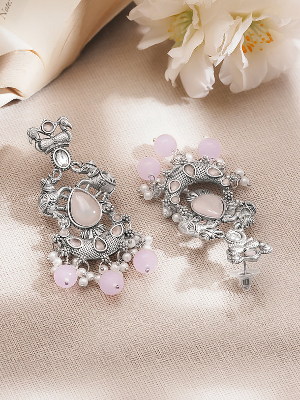 Oxidised Silver Tone Brass Pink Bead Pearl Elephant Motif Chandelier