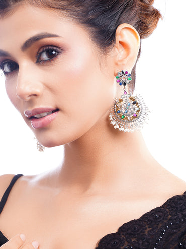 Oxidised Multicolor Kundan Pearl Floral Chandbali Earrings