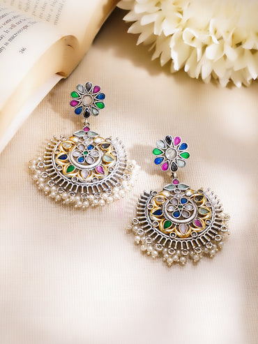 Oxidised Multicolor Kundan Pearl Floral Chandbali Earrings