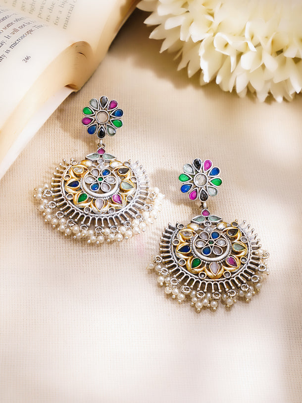 Oxidised Multicolor Kundan Pearl Floral Chandbali Earrings