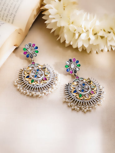 Oxidised Multicolor Kundan Pearl Floral Chandbali Earrings