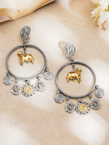 Oxidised Silver Tone Brass Cow Motif Hoop Dangler Earrings
