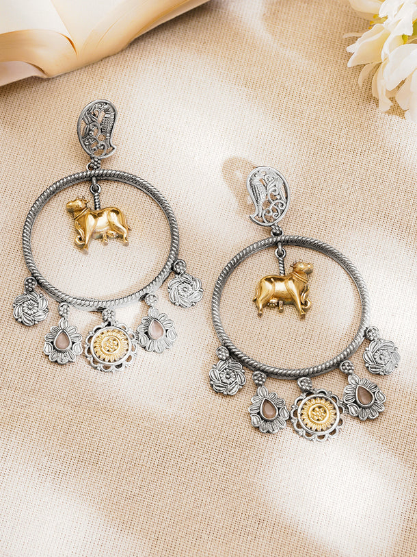 Oxidised Silver Tone Brass Cow Motif Hoop Dangler Earrings