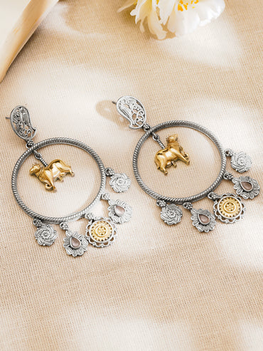 Oxidised Silver Tone Brass Cow Motif Hoop Dangler Earrings