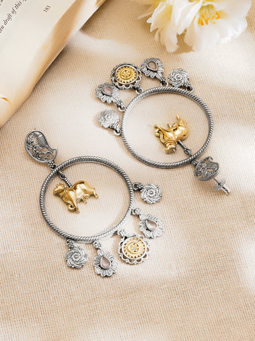Oxidised Silver Tone Brass Cow Motif Hoop Dangler Earrings
