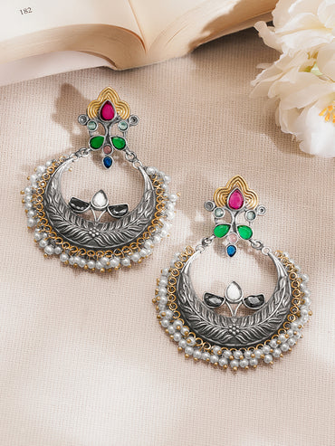 Oxidised Silver Tone Brass Multicolor Chandbali Earrings