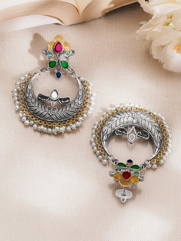 Oxidised Silver Tone Brass Multicolor Chandbali Earrings