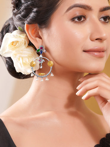 Oxidised Silver Tone Multicolor Temple Charm Dangler Earrings