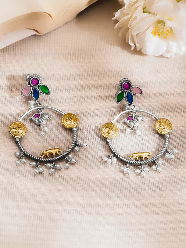 Oxidised Silver Tone Multicolor Temple Charm Dangler Earrings