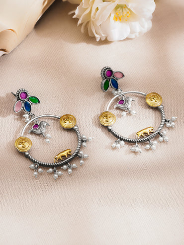 Oxidised Silver Tone Multicolor Temple Charm Dangler Earrings