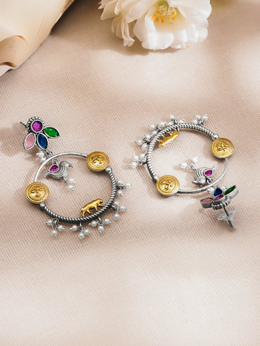 Oxidised Silver Tone Multicolor Temple Charm Dangler Earrings