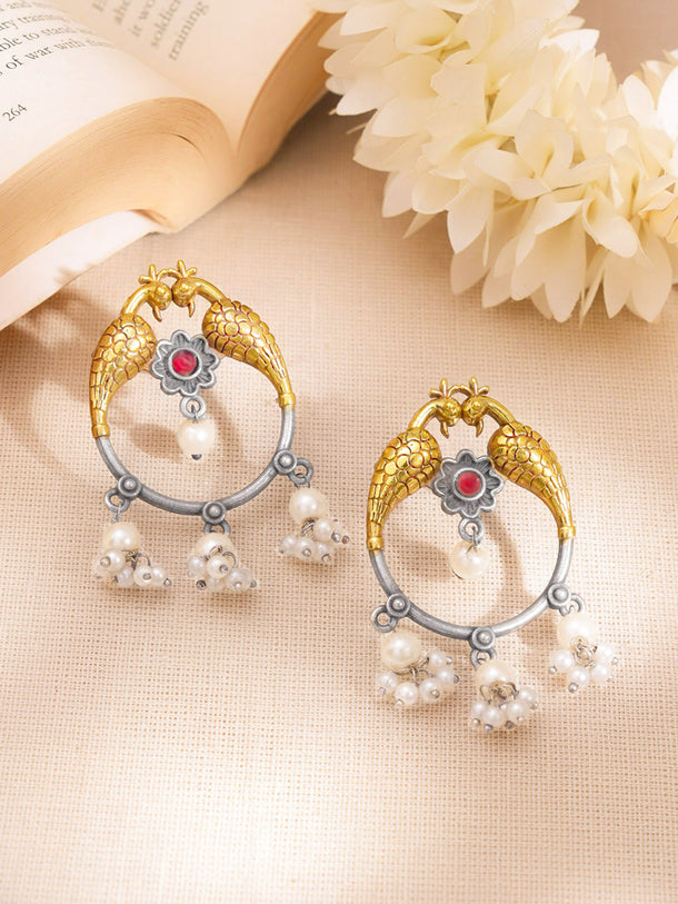 Peacock Oxidised Pearl Tassel Drop Earrings
